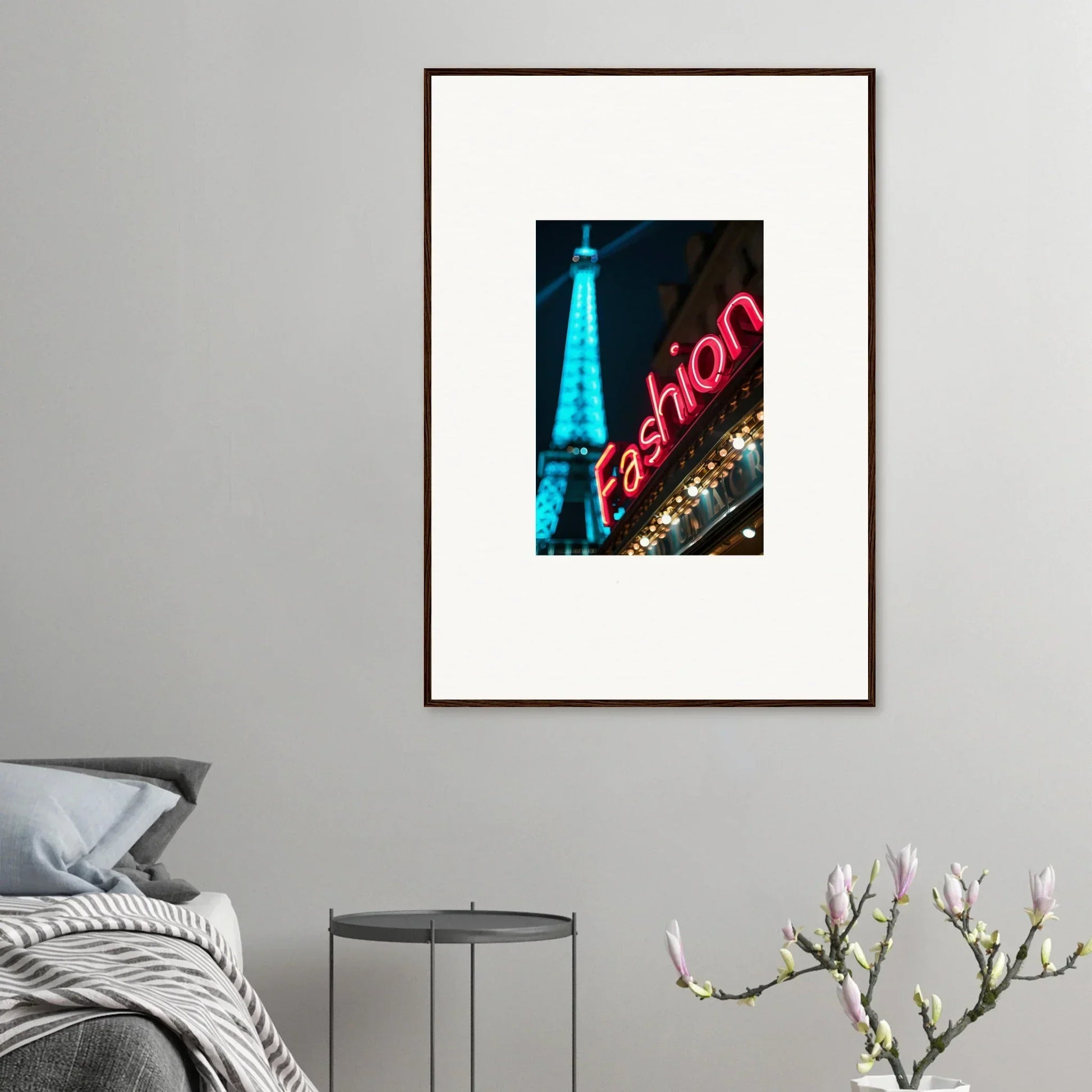 Framed Eiffel Tower photo in blue light with neon Fashion sign, perfect for moss epiphany room decoration