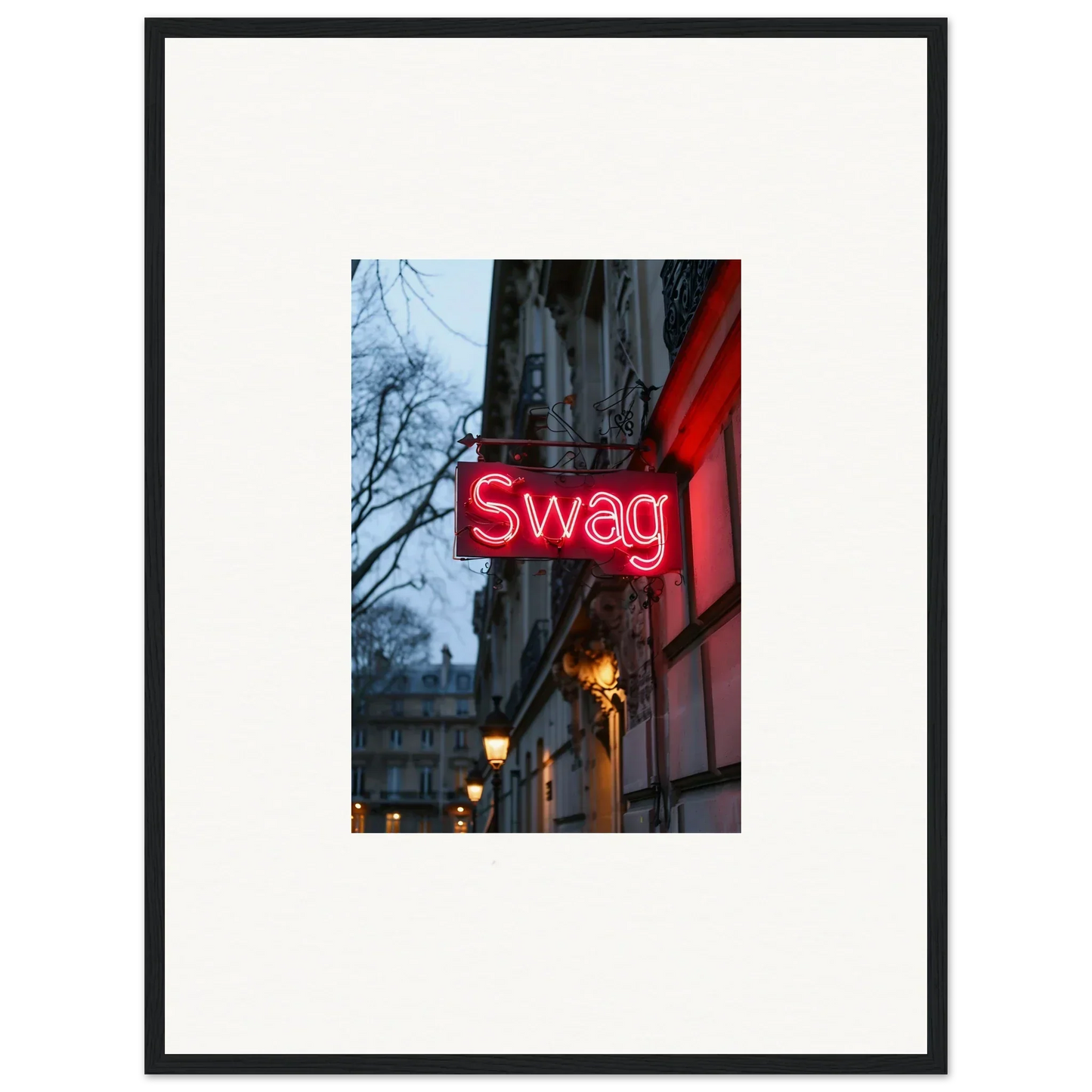 Neon red Swag sign glowing on a building, perfect for night dreams or cool room decoration