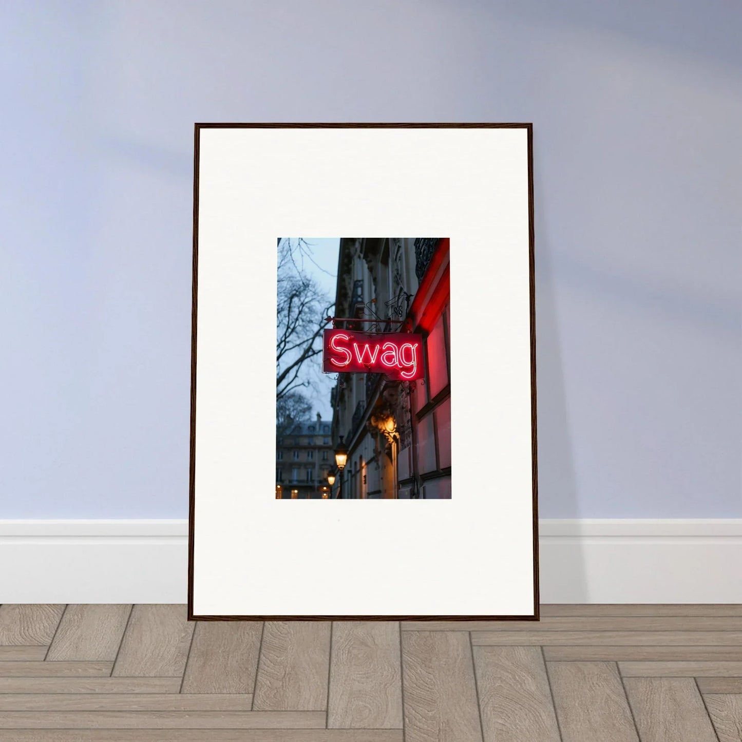 Framed photograph of a red Swag sign for cool room decoration and night dreams vibe