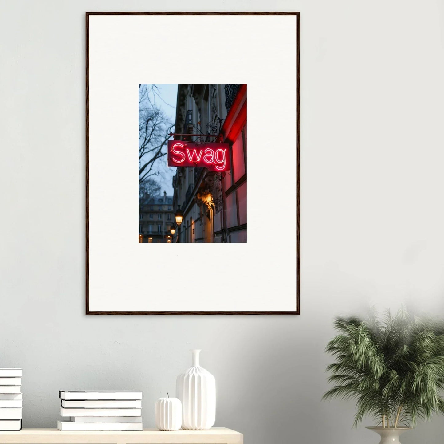 Framed neon Swag sign on a building at night, perfect for room decoration or night dreams