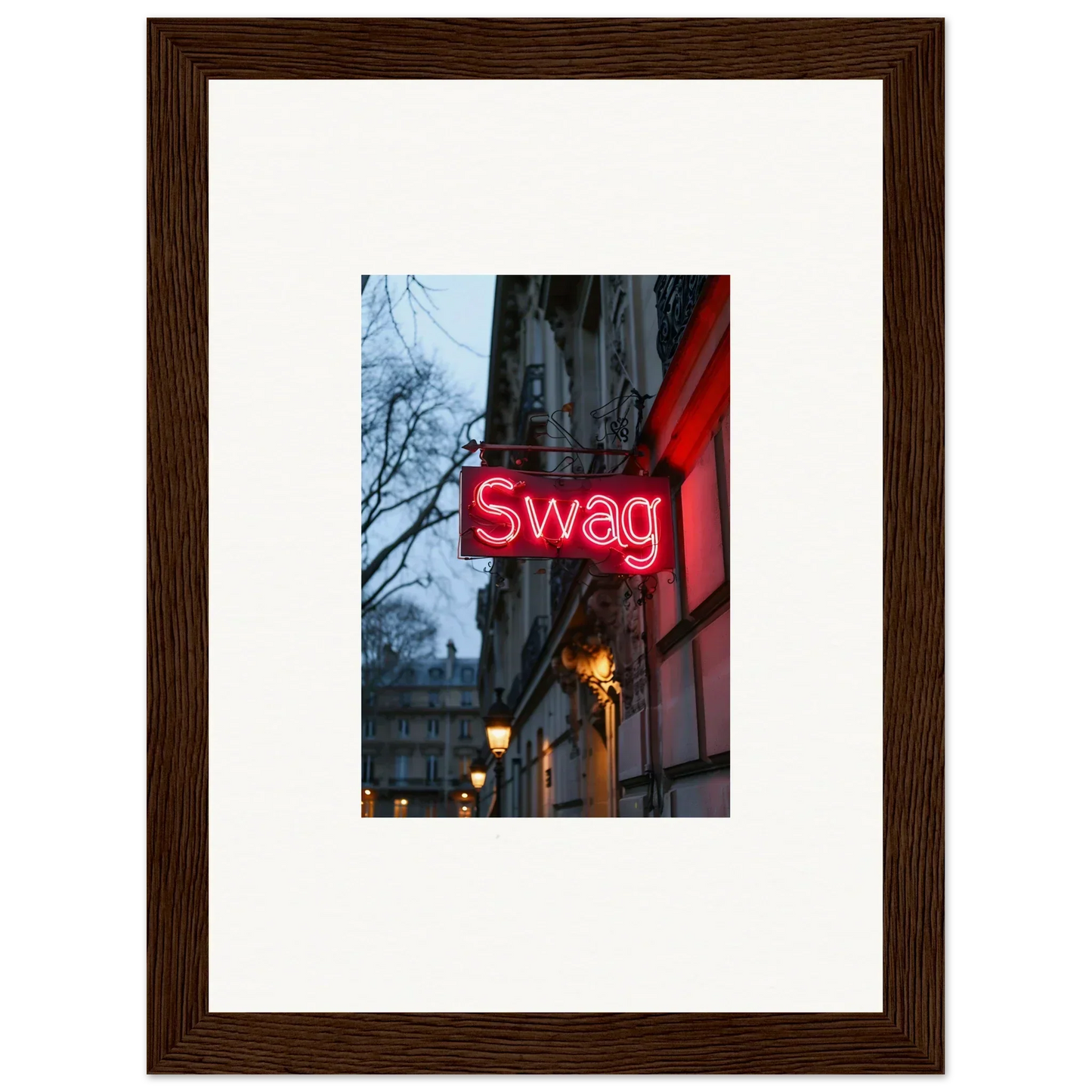 Neon red Swag sign on a building, perfect for night dreams and room decoration vibes