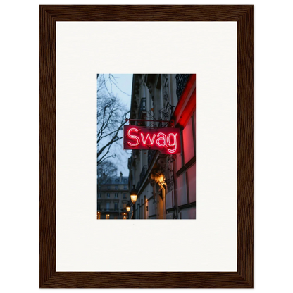 Neon red Swag sign on a building, perfect for night dreams and room decoration vibes