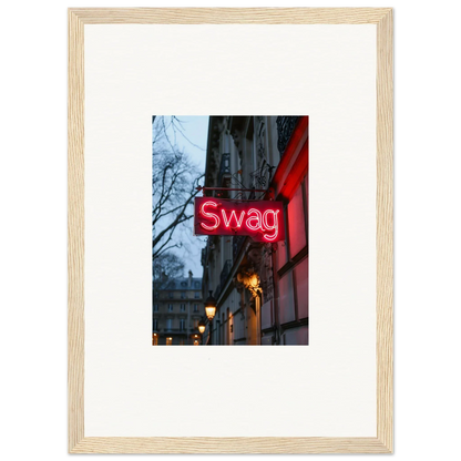 Framed photograph of a neon Swag sign, perfect for night dreams room decoration