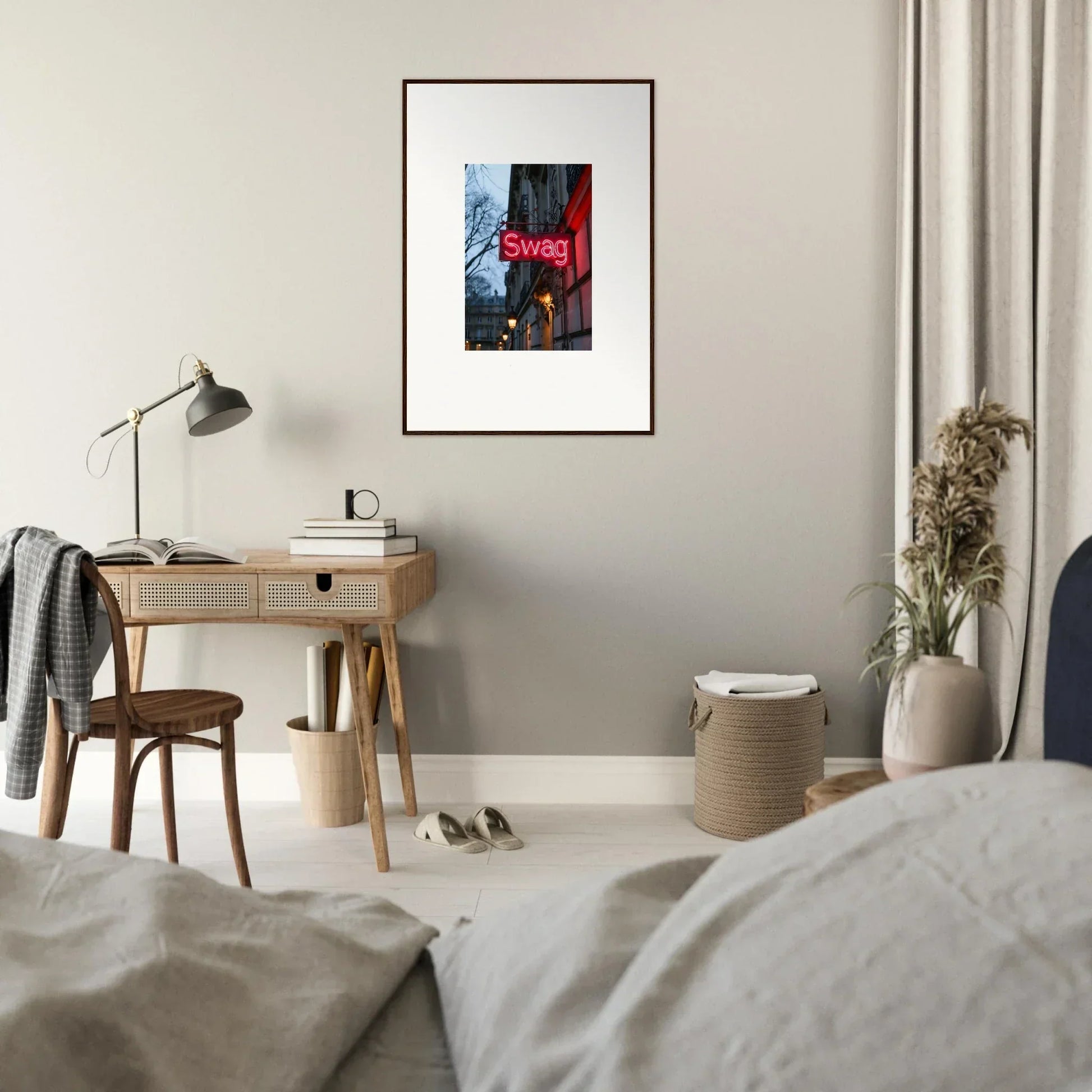 Framed urban street scene with a red SAVINGS sign, perfect for night dreams room decoration