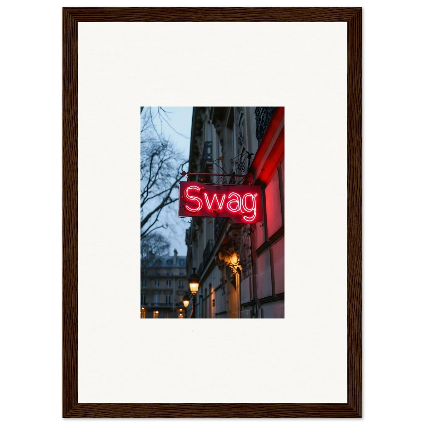 Illuminated red neon sign saying Swag, perfect for night dreams room decoration