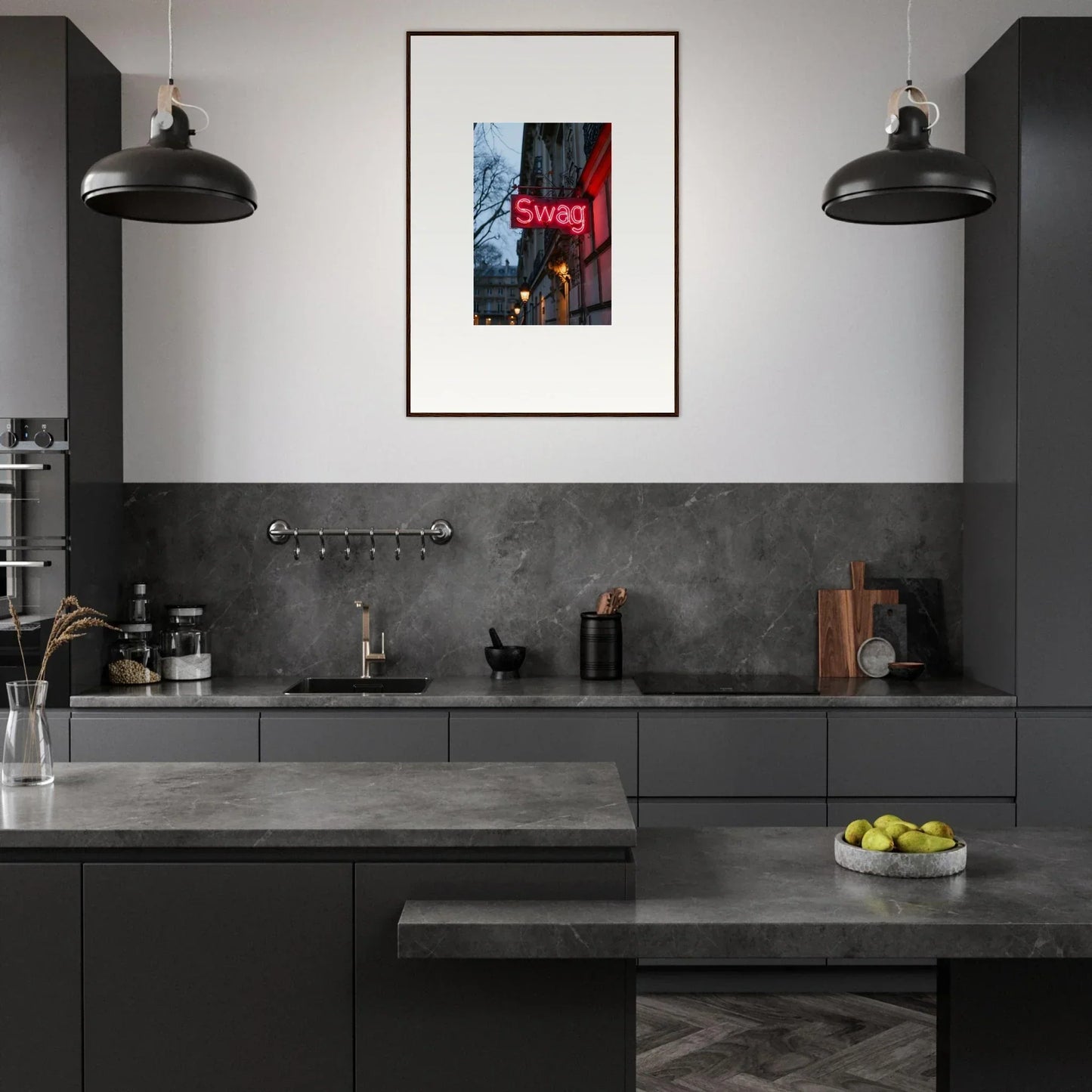 Modern dark gray kitchen with sleek cabinetry and a cool night dreams canvas print