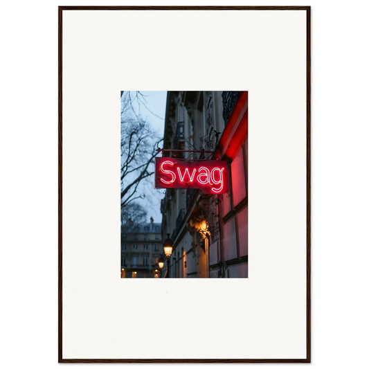 Neon red Swag sign glowing on a building, perfect for night dreams and room decoration