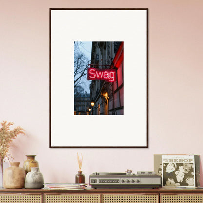 Framed photograph of a neon Swag sign for cool night dreams room decoration