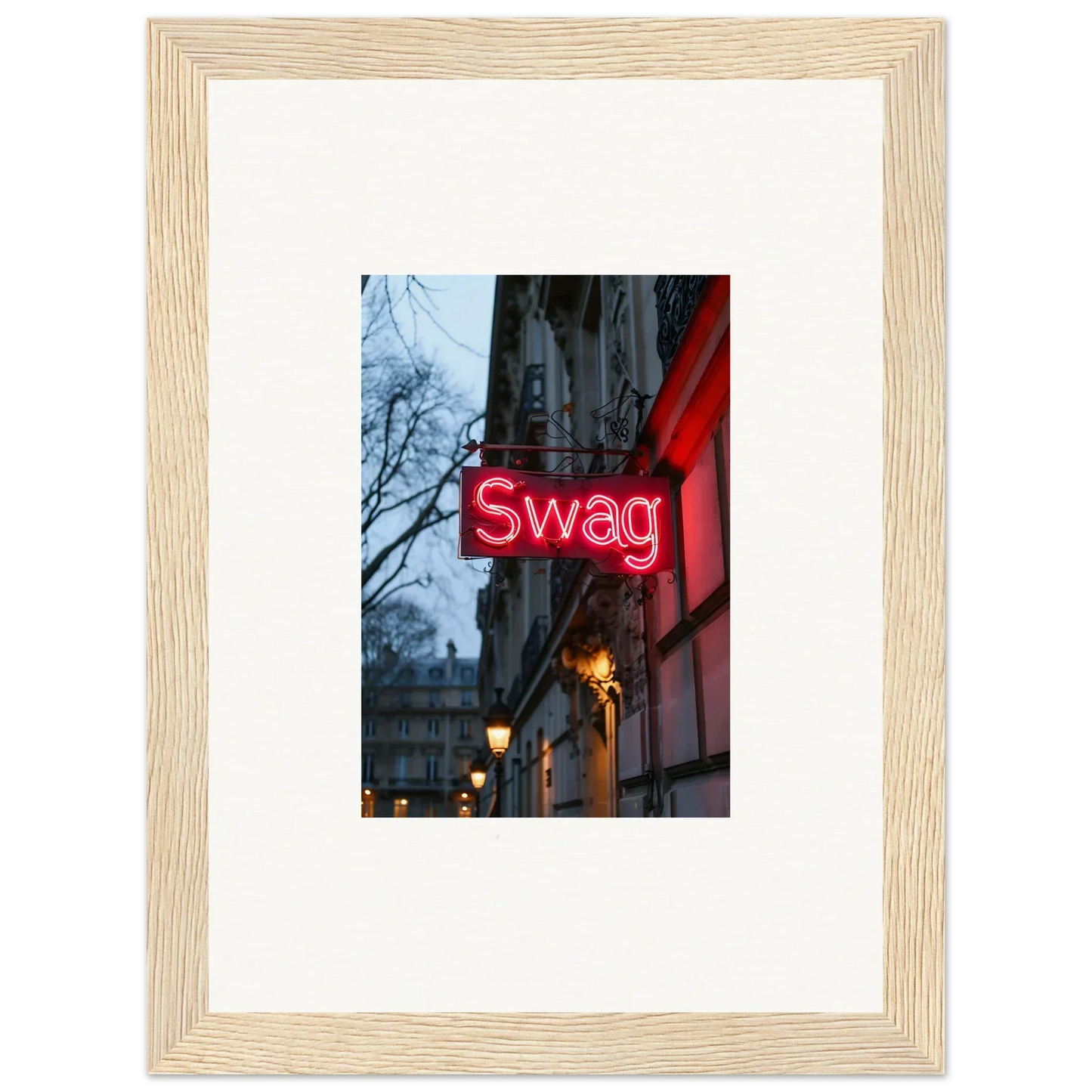 Framed neon Swag sign on building at dusk, perfect for night dreams room decoration