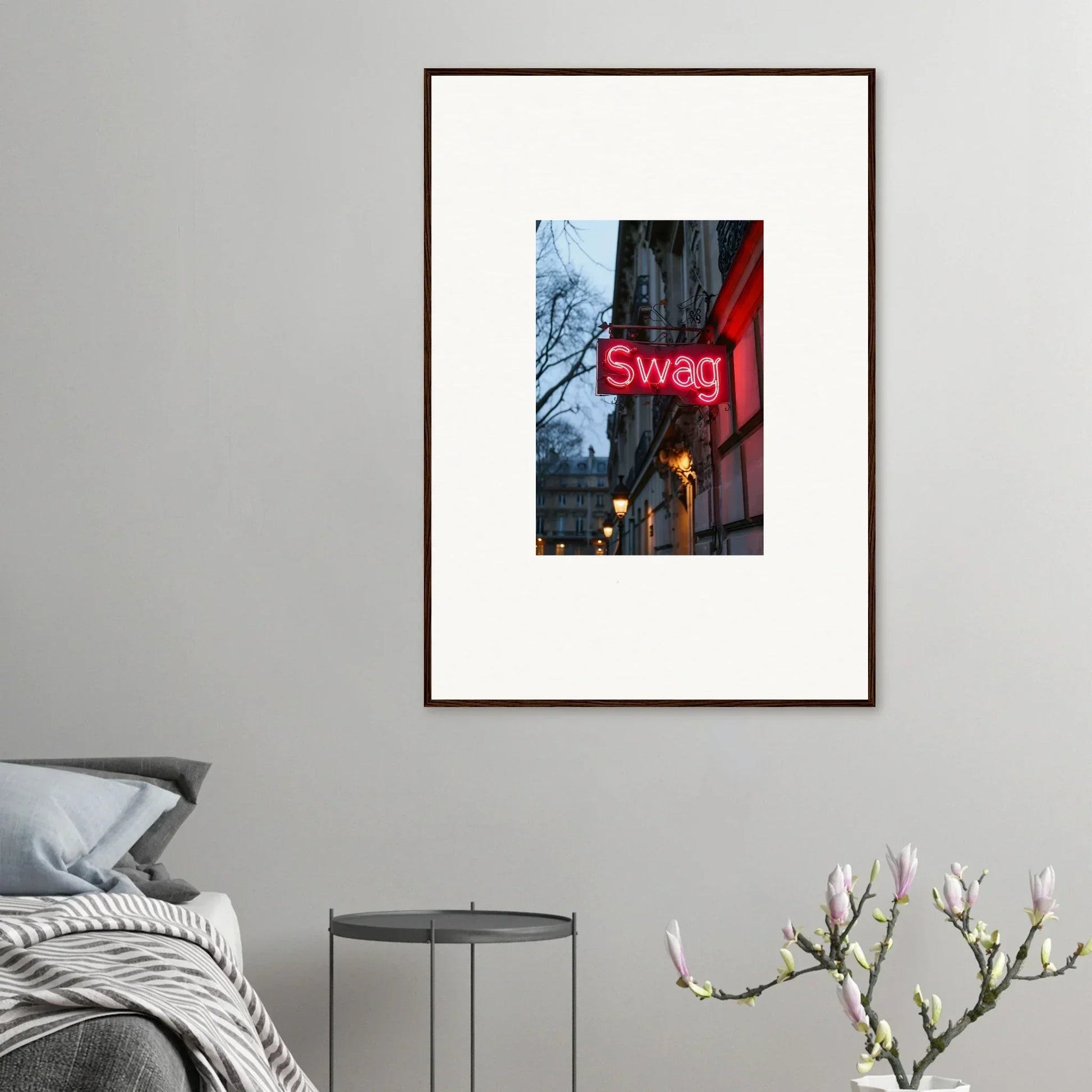 Framed canvas print of a neon Swag sign for cool night dreams room decoration