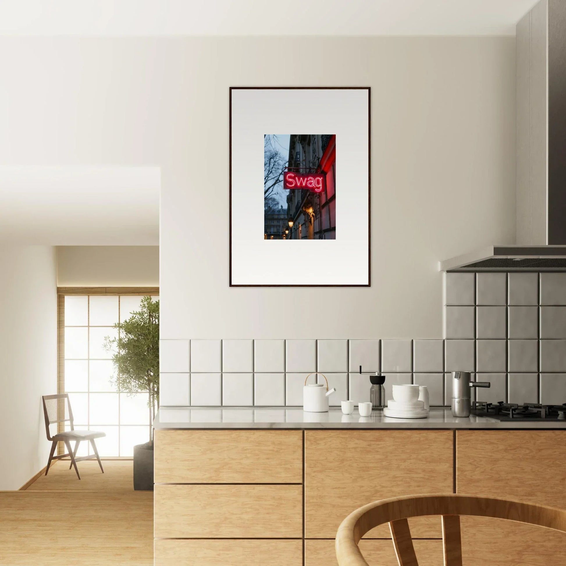 Framed canvas print of urban scene with red Swag sign for night dreams room decoration