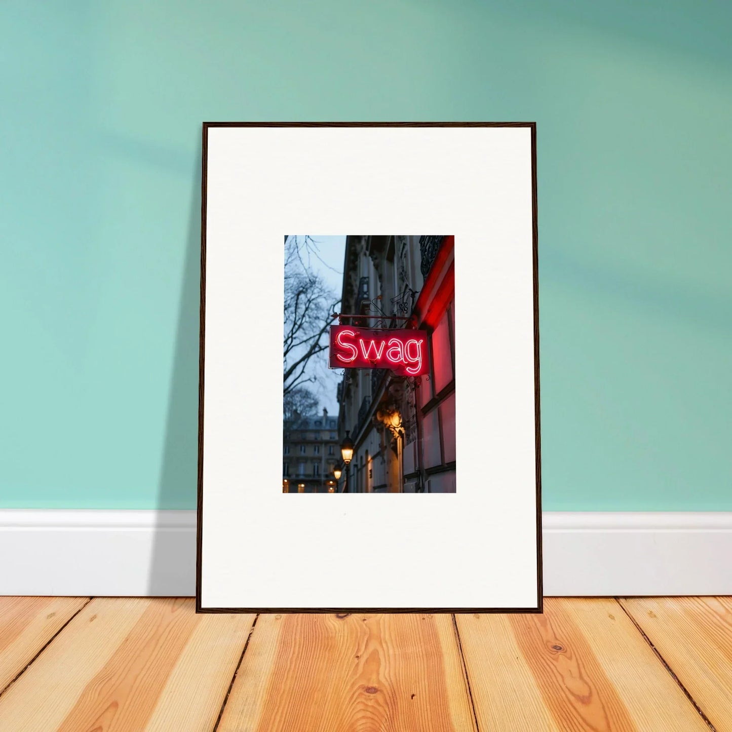 Framed photograph of a red Swag sign, perfect for night dreams room decoration