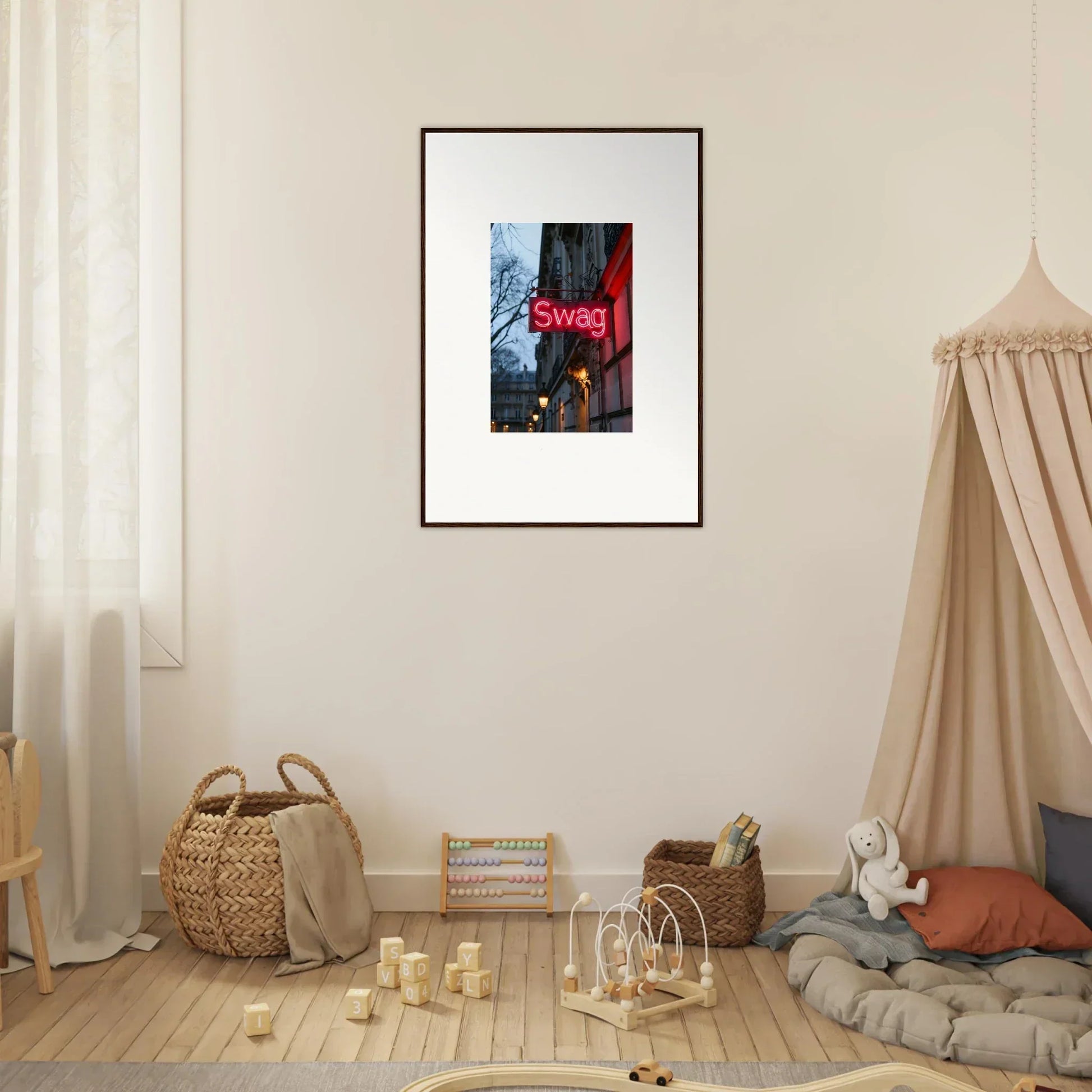 Framed photograph of an urban street with a red neon SWAG sign for cool room decoration