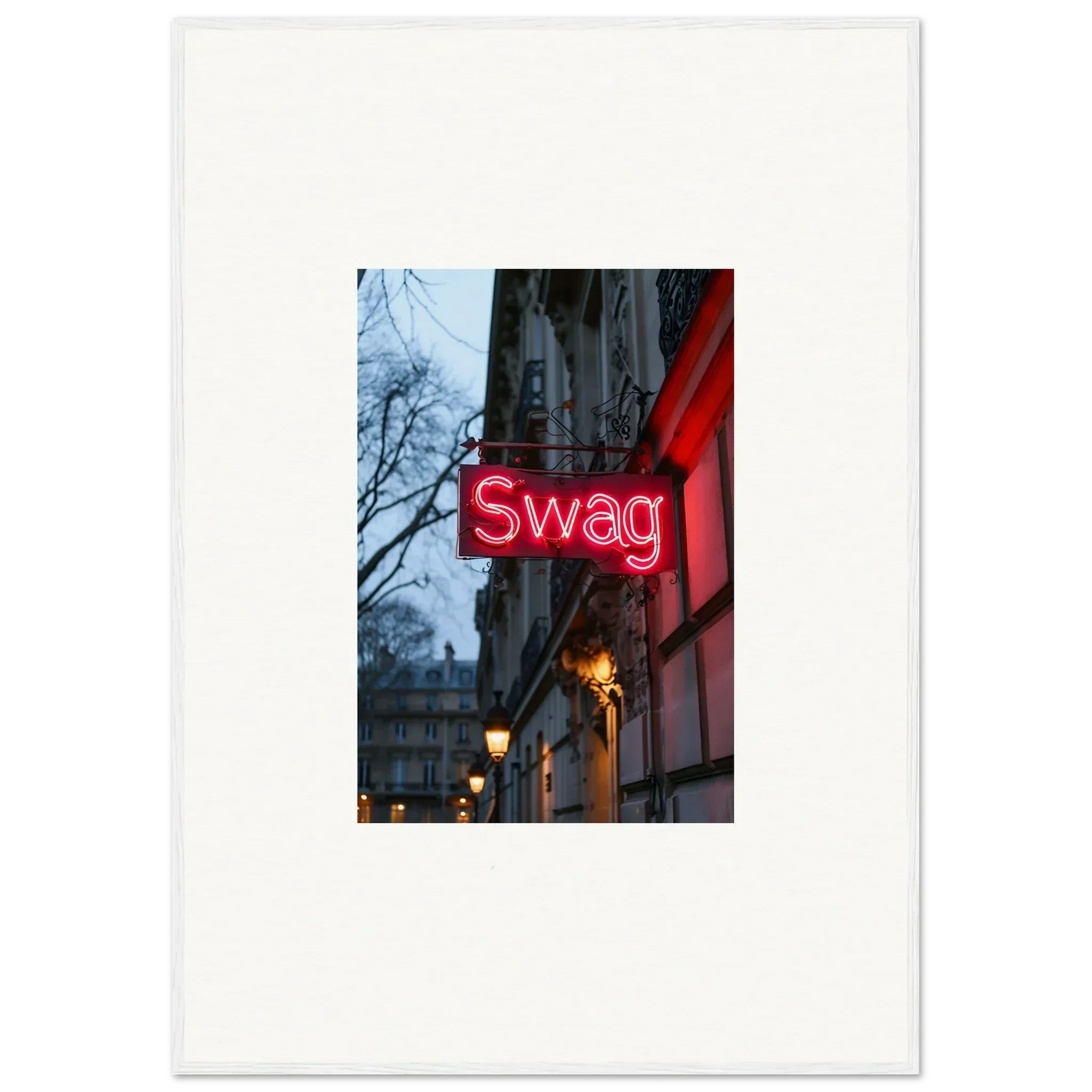 Neon red swag sign on a building for cool room decoration and night dreams vibes