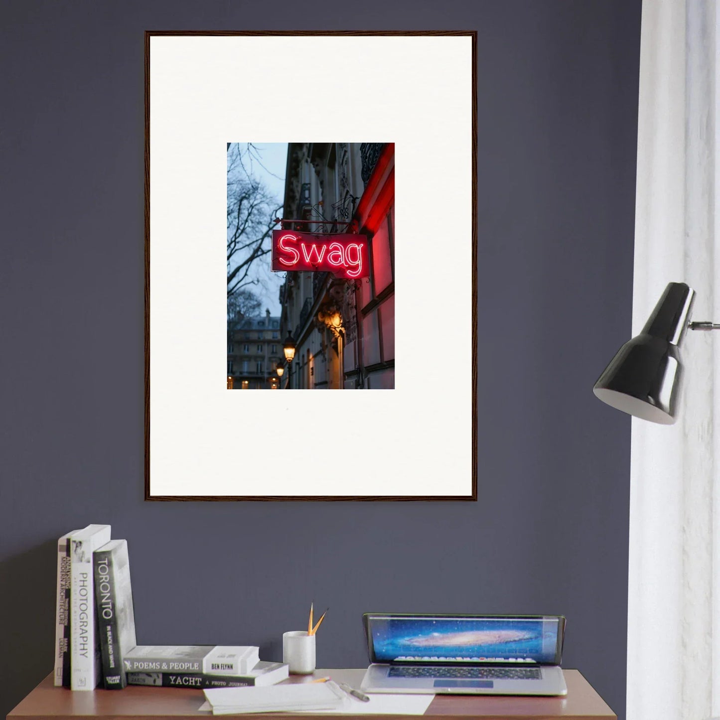 Framed photo of a neon Swag sign for cool night dreams room decoration canvas print