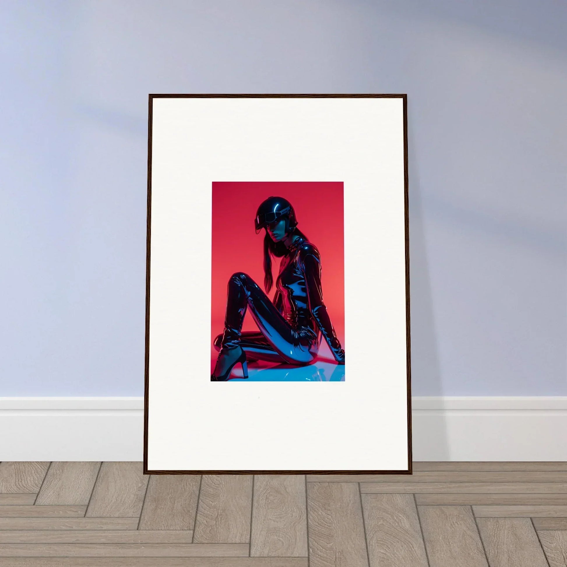 Stylized silhouette of a seated figure on vibrant red, perfect for Noir Mirage room decor