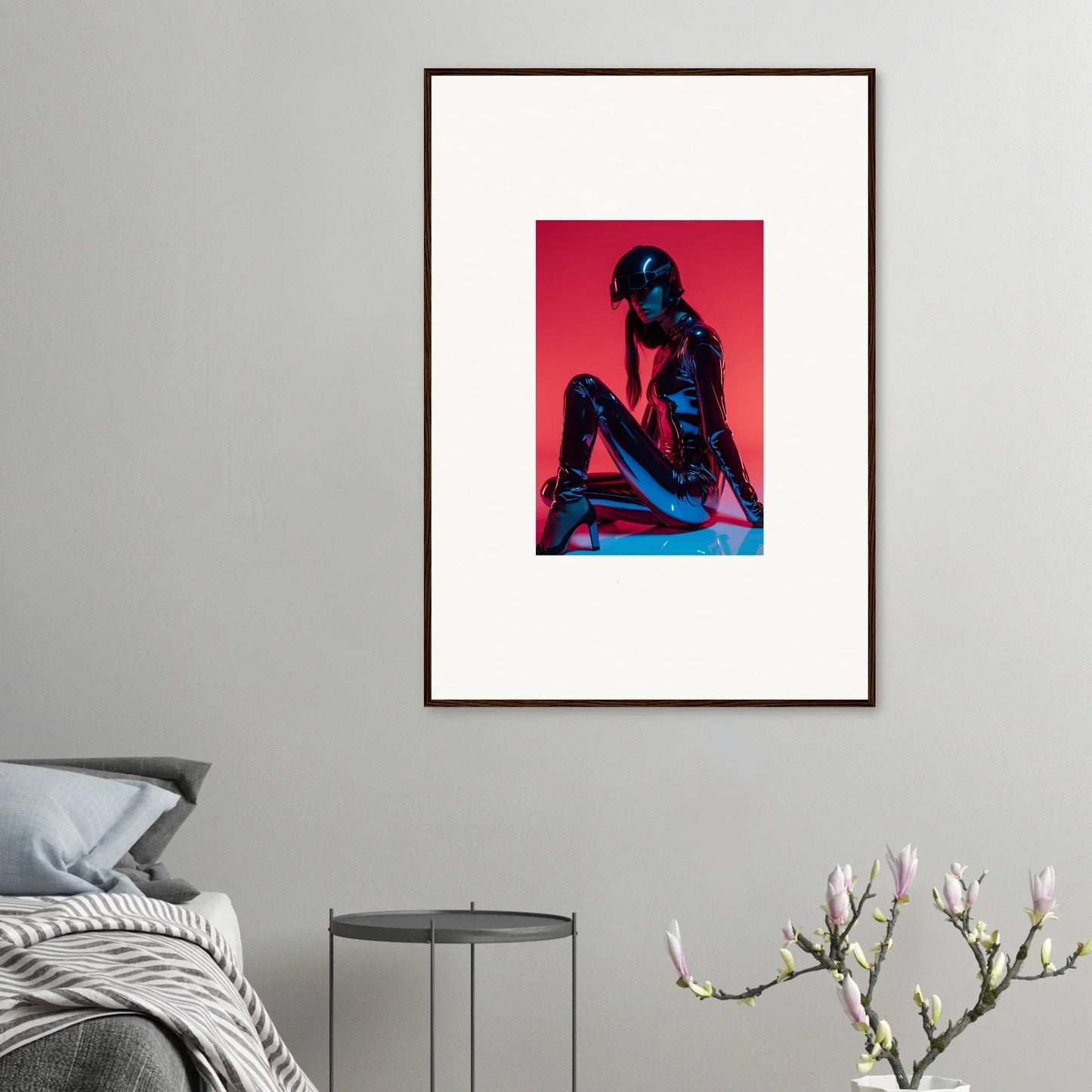 Framed wall art of a silhouetted figure in vibrant colors, perfect for noir mirage room decor