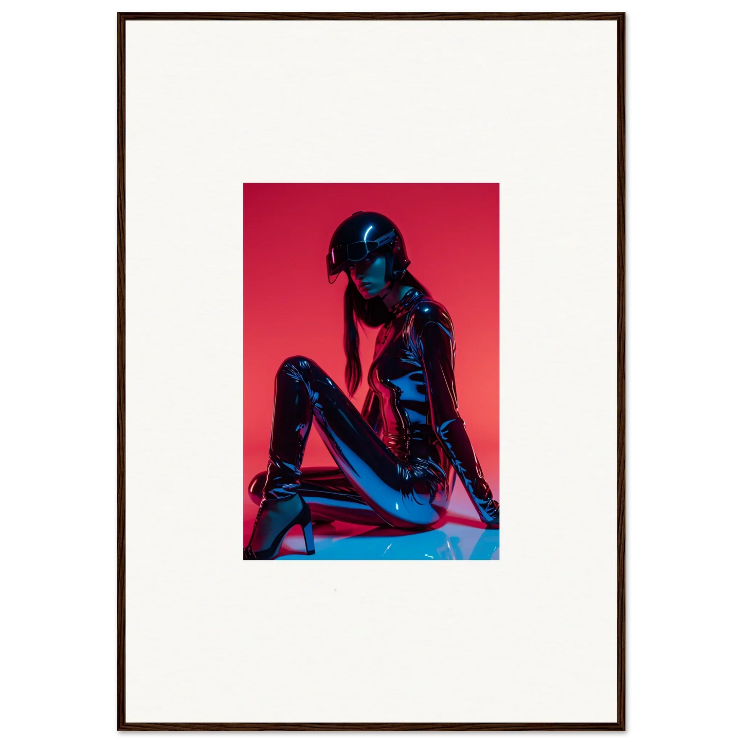 Framed wall art of a person in a blue bodysuit against a red background, Noir Mirage