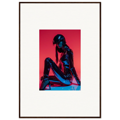 Framed wall art of a person in a blue bodysuit against a red background, Noir Mirage