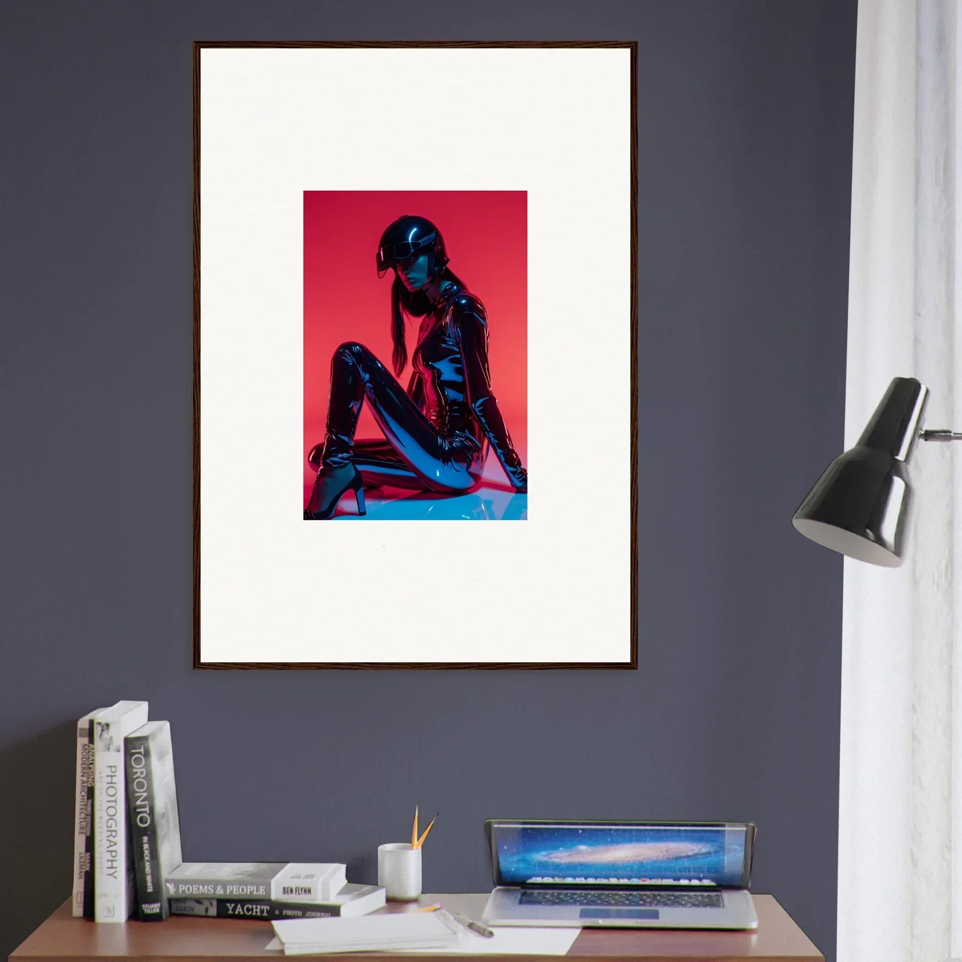 Framed wall art of a blue figure on a red background for vibrant room decor in Noir Mirage