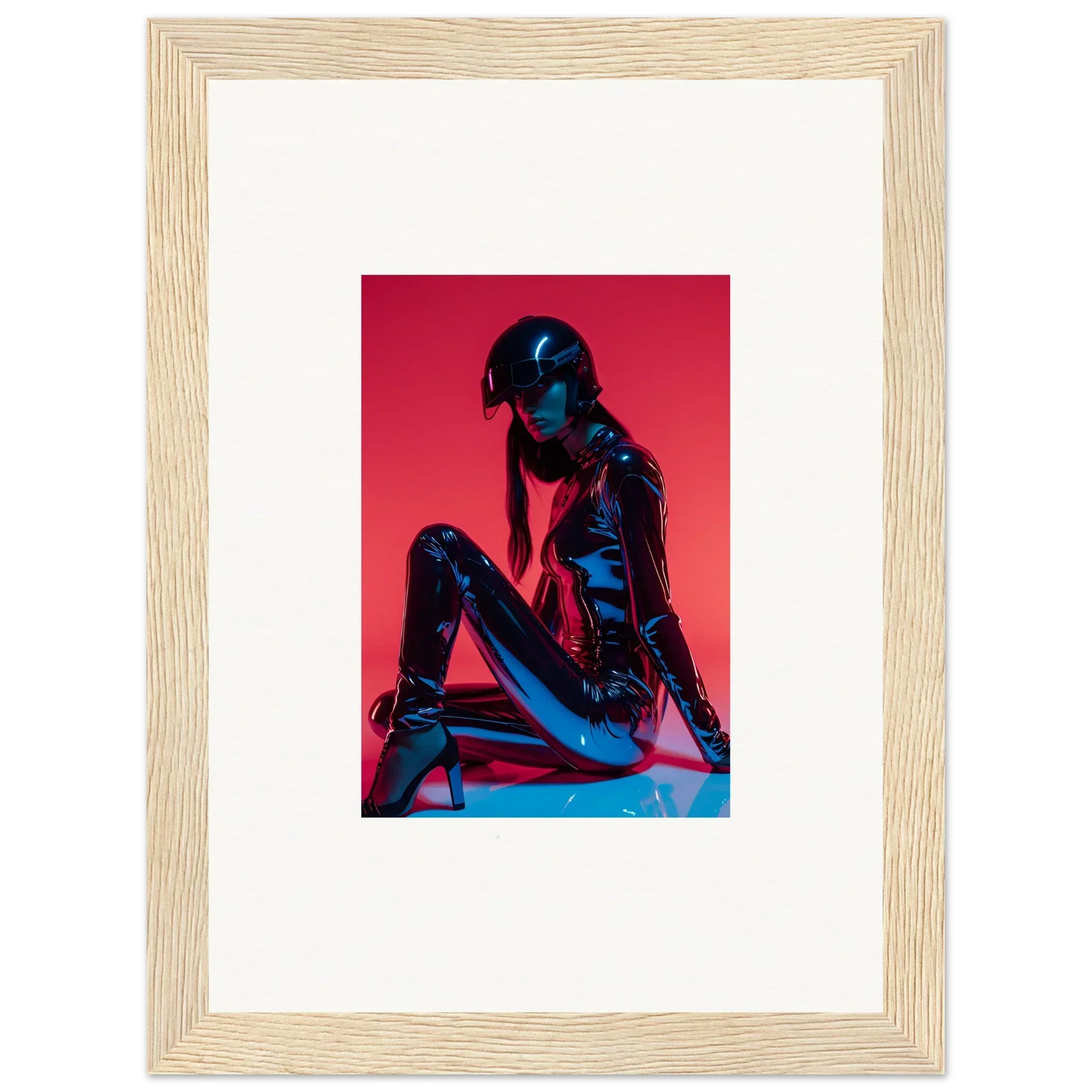 Framed wall art of a metallic blue seated figure in a vibrant red, perfect for noir mirage room decor