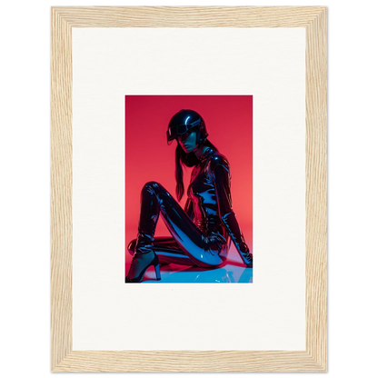 Framed wall art of a metallic blue seated figure in a vibrant red, perfect for noir mirage room decor