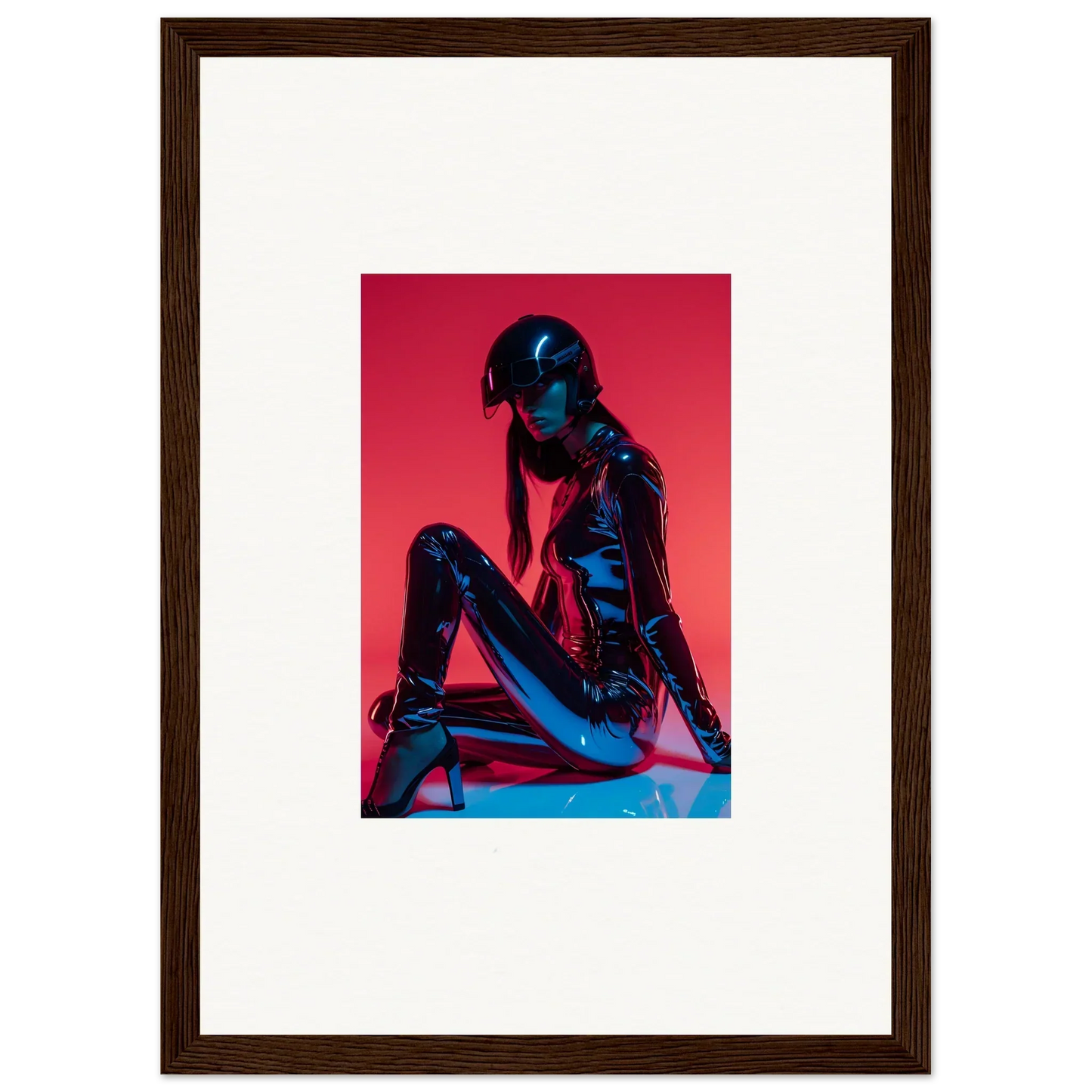 Framed wall art featuring a blue figure on a red background for stylish room decor