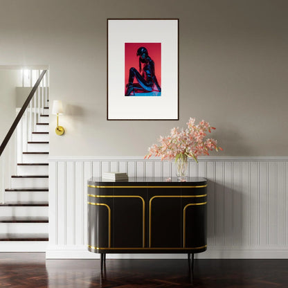 Framed wall art featuring a blue figure on red, perfect for Noir Mirage room decor