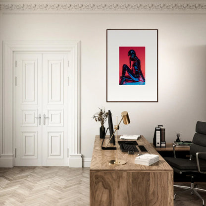 Stylish home office with wooden desk and framed wall art in Noir Mirage room decor