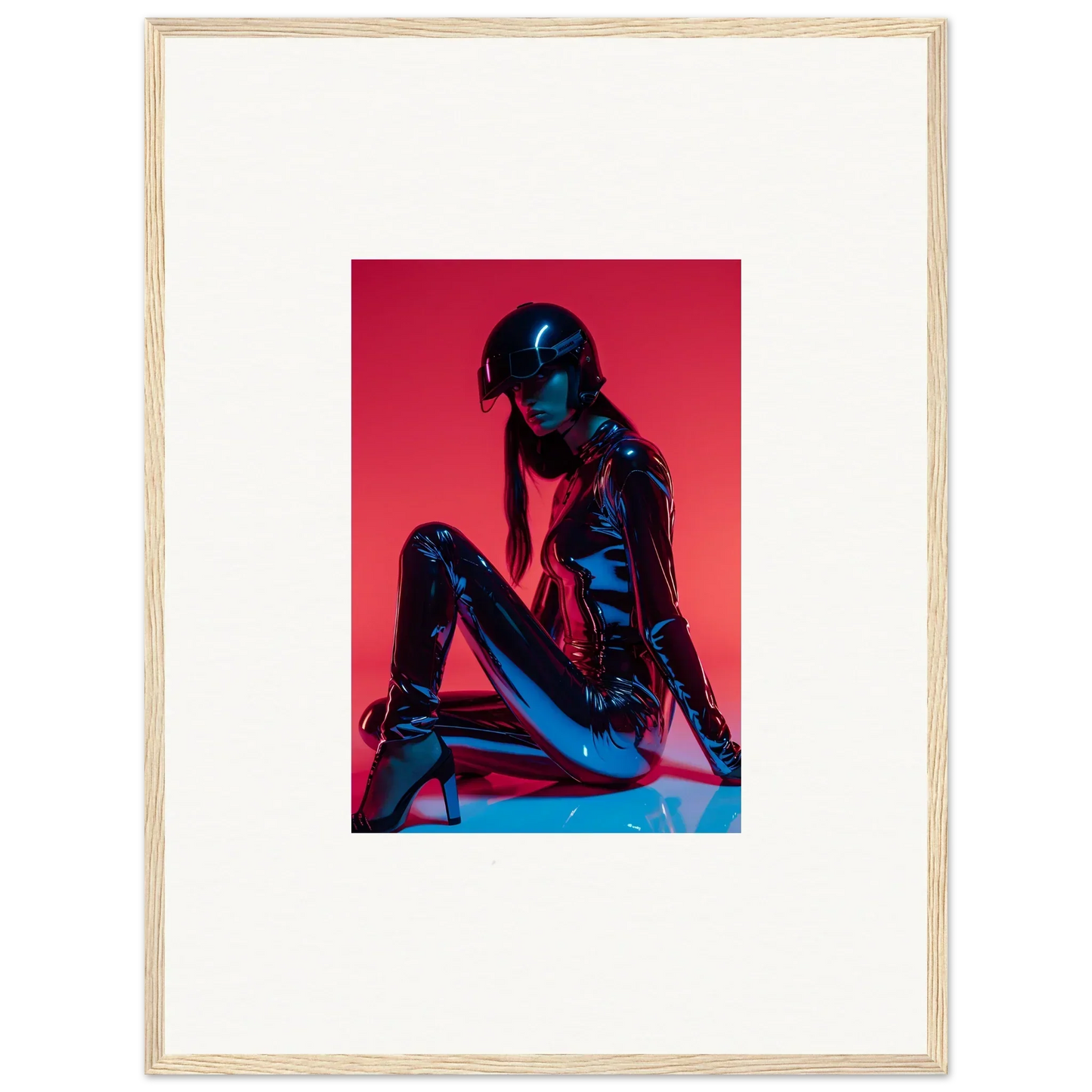 Framed wall art of a person in a shiny blue bodysuit for vibrant room decor in Noir Mirage