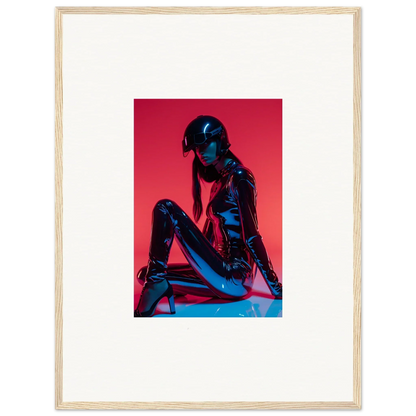 Framed wall art of a person in a shiny blue bodysuit for vibrant room decor in Noir Mirage