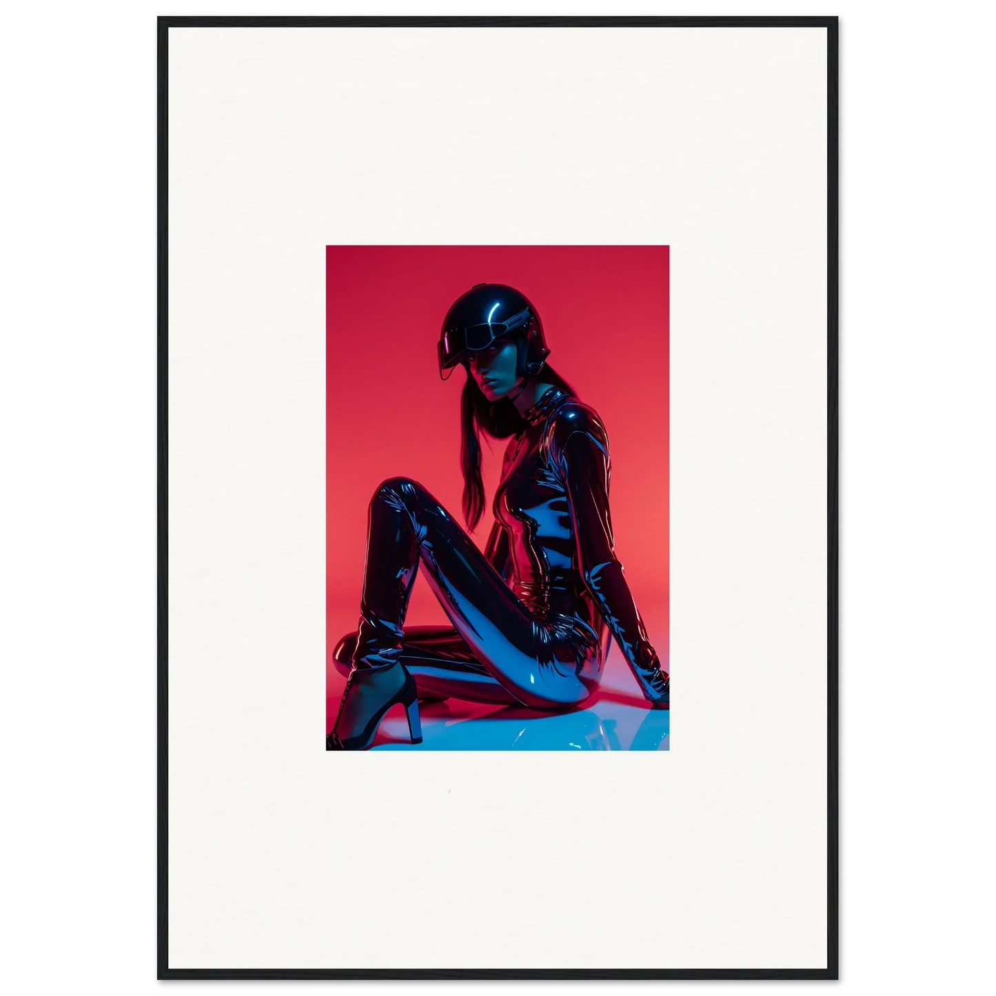 Silhouetted figure in a seated pose on vibrant red, perfect for Noir Mirage room decor