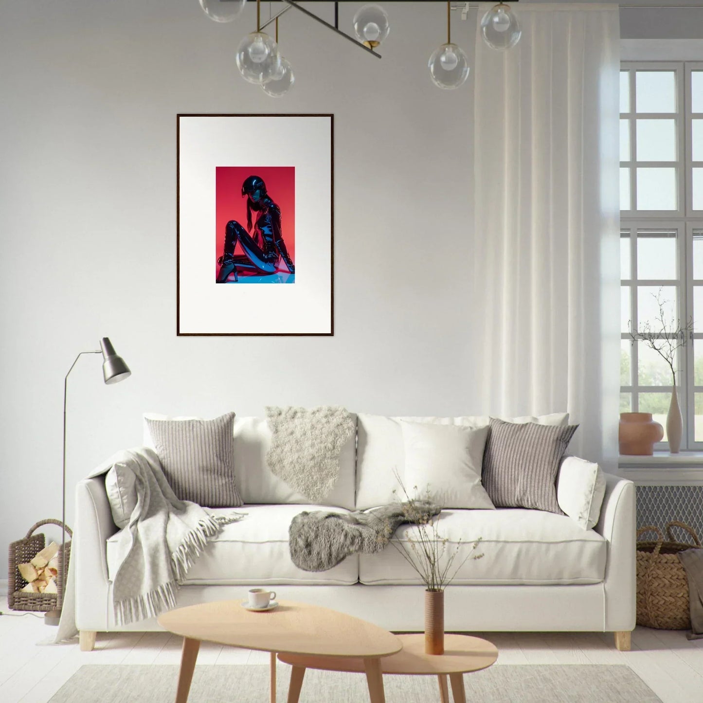 White sofa with pillows and blankets, ideal for Noir Mirage room decor and framed wall art