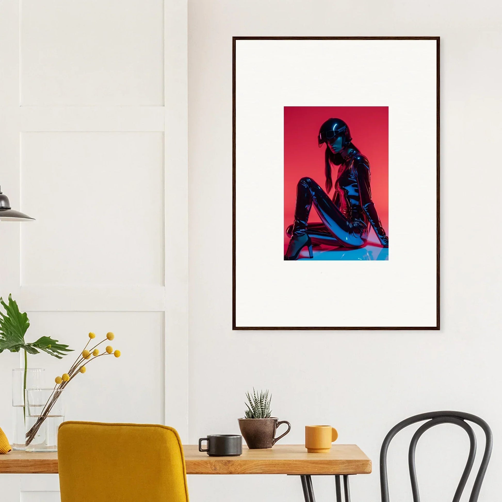 Framed wall art of a person in blue outfit against red, perfect for Noir Mirage decor