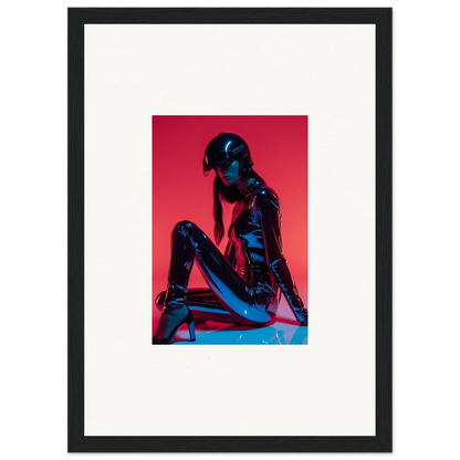 Framed wall art featuring a blue and black figure on a red background, Noir Mirage style