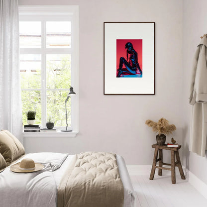 Framed wall art of a nude figure on vibrant red, perfect for Noir Mirage room decor