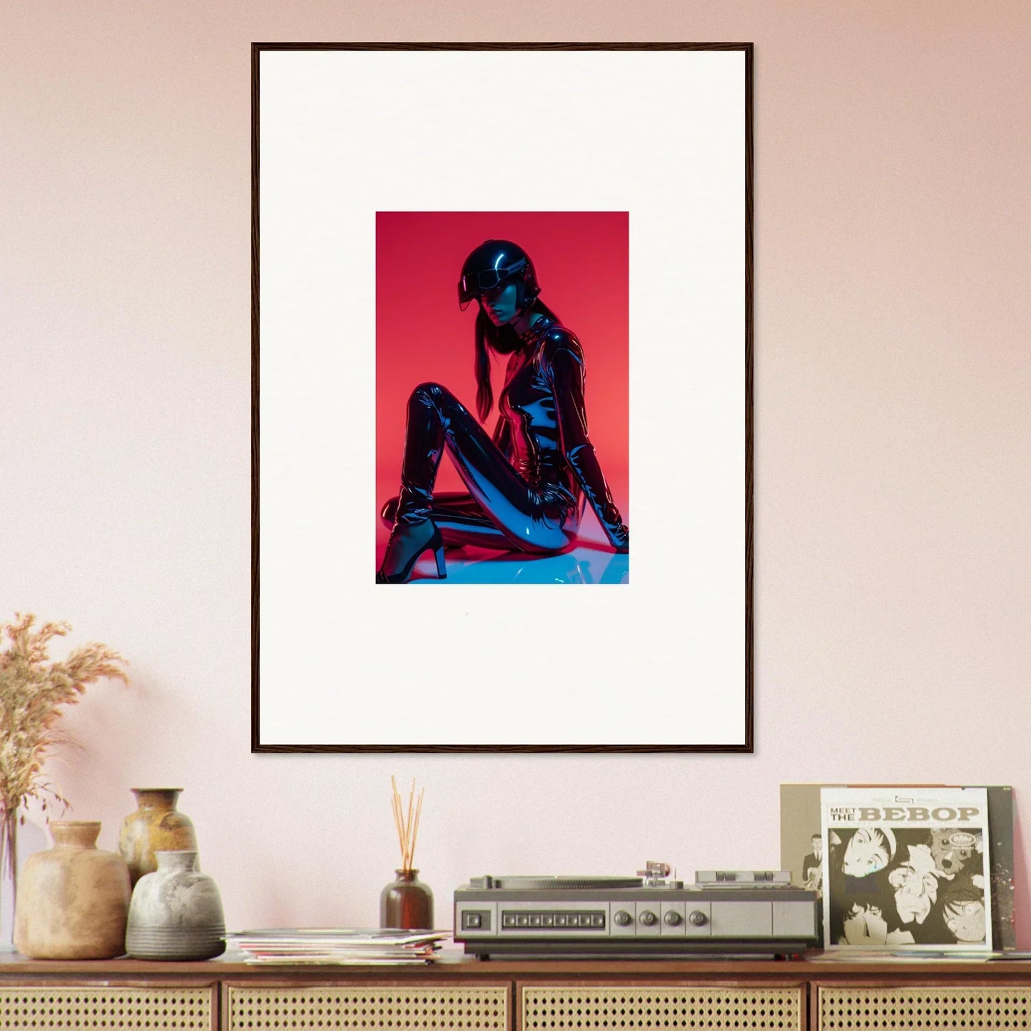 Framed wall art of a blue figure on a red background for stylish room decor