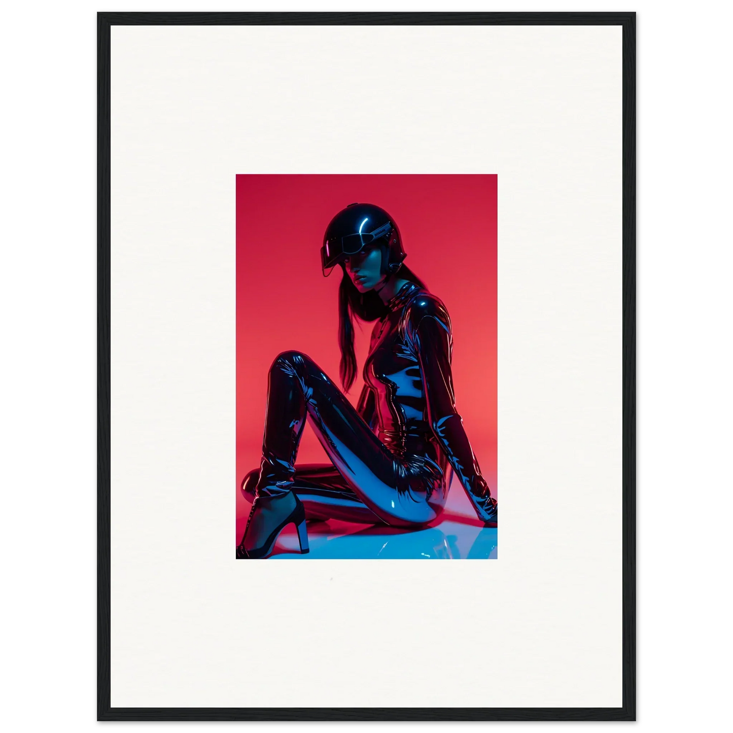 Stylized figure in shiny black on vibrant red, ideal for Noir Mirage room decor