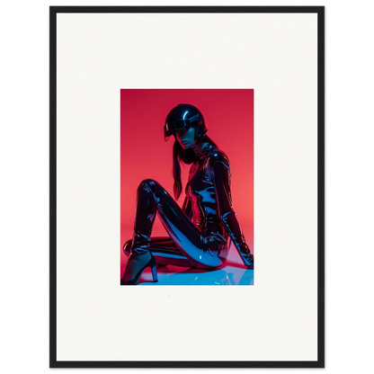 Stylized figure in shiny black on vibrant red, ideal for Noir Mirage room decor