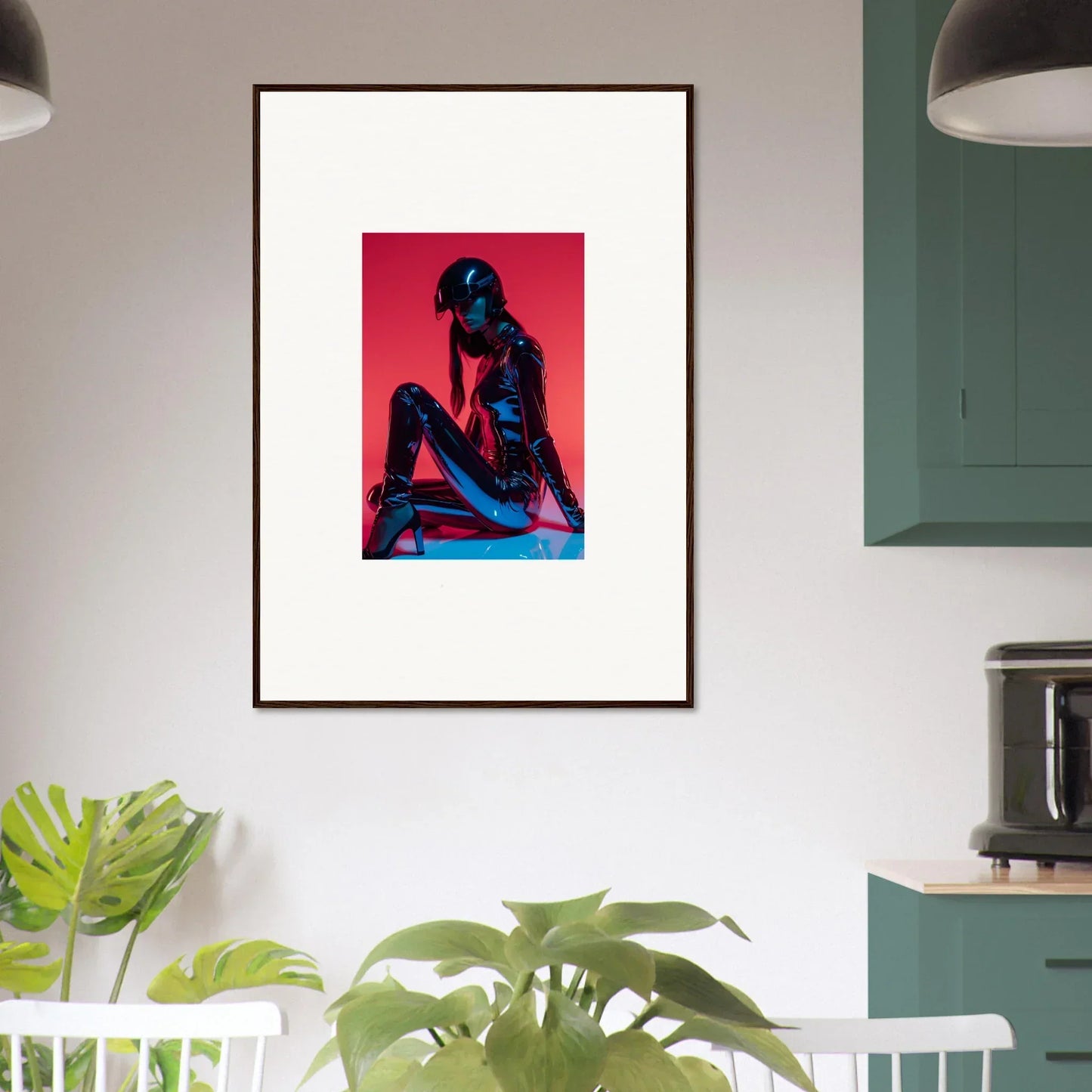 Framed wall art featuring a person against vibrant red in Noir Mirage style