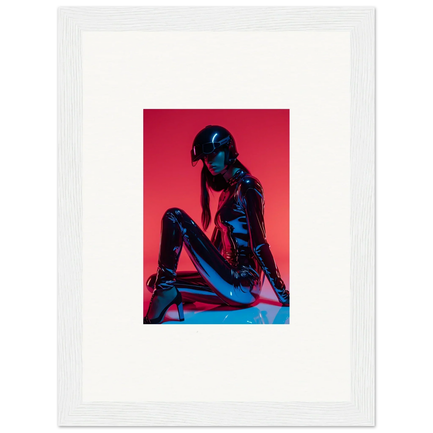 Framed wall art of a metallic figure on red from Neon Noir Mirage for stylish room decor