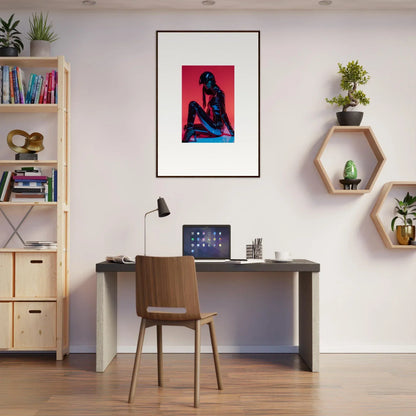 Modern home office with desk, chair, and framed wall art in Noir Mirage room decor