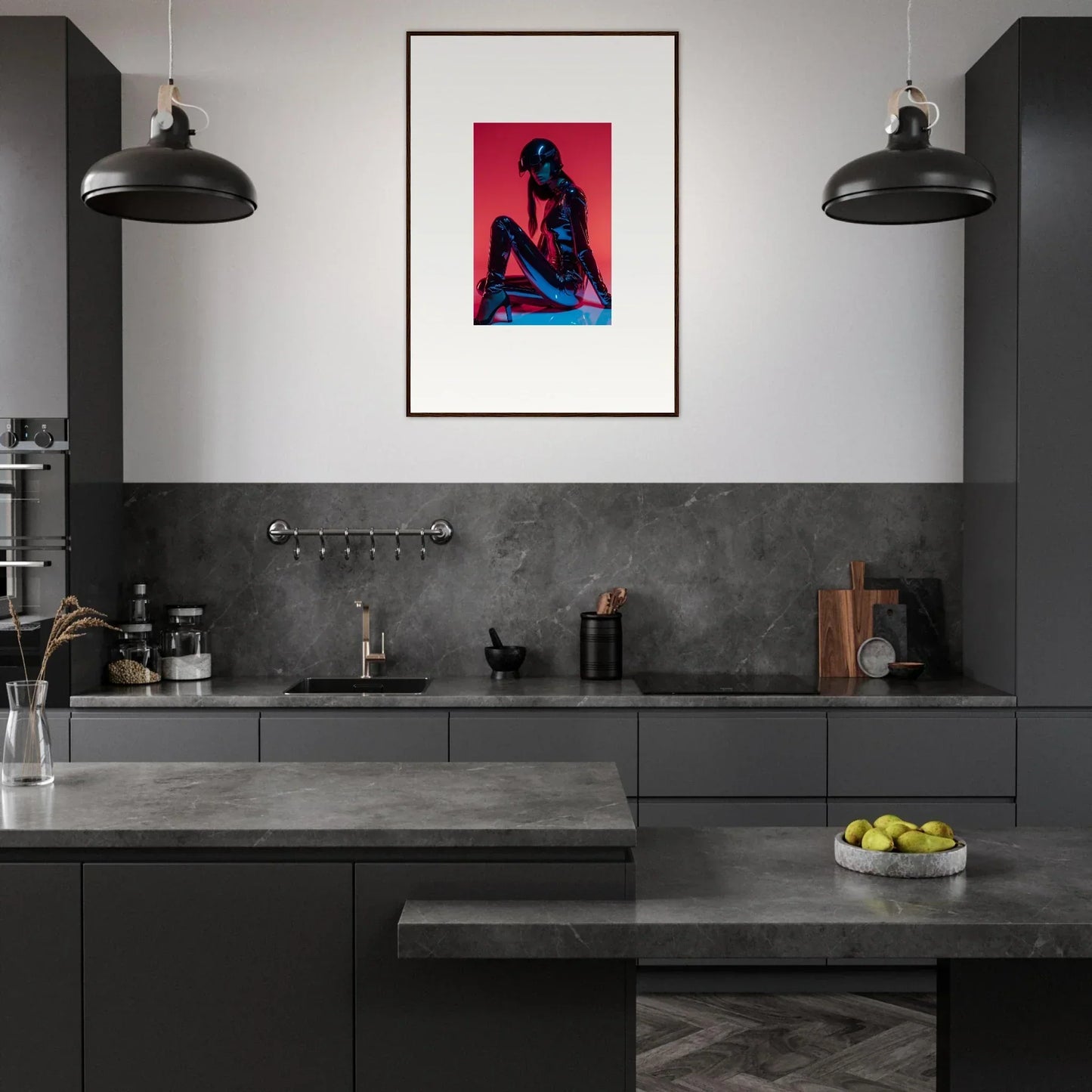 Modern kitchen showcasing Noir Mirage framed wall art among dark cabinetry and colors