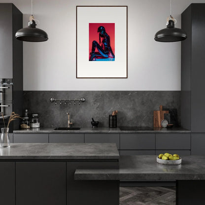 Modern kitchen showcasing Noir Mirage framed wall art among dark cabinetry and colors