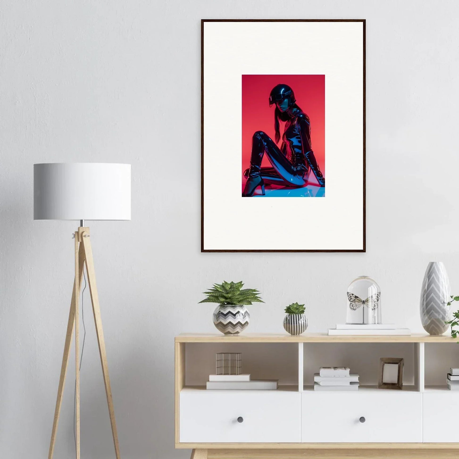 Framed wall art of a silhouetted figure on vibrant red, perfect for Noir Mirage room decor