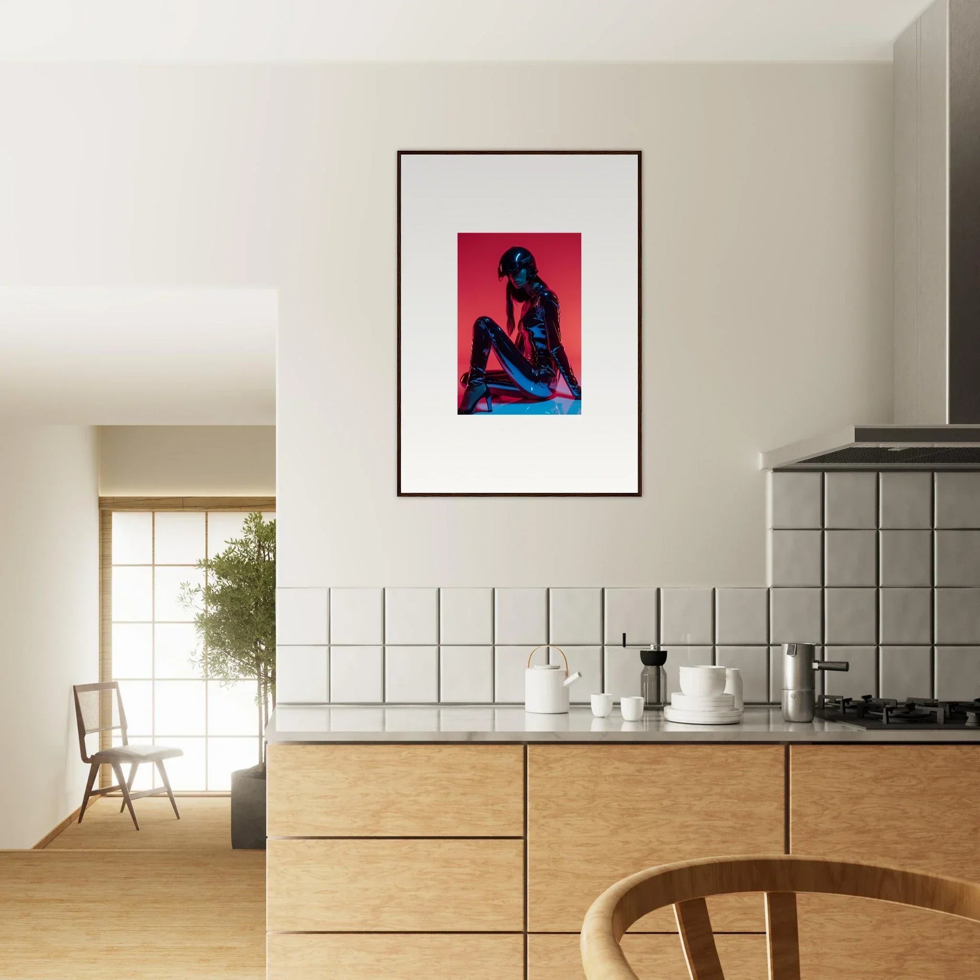 Framed wall art of a silhouetted figure on a vibrant red background, Noir Mirage decor