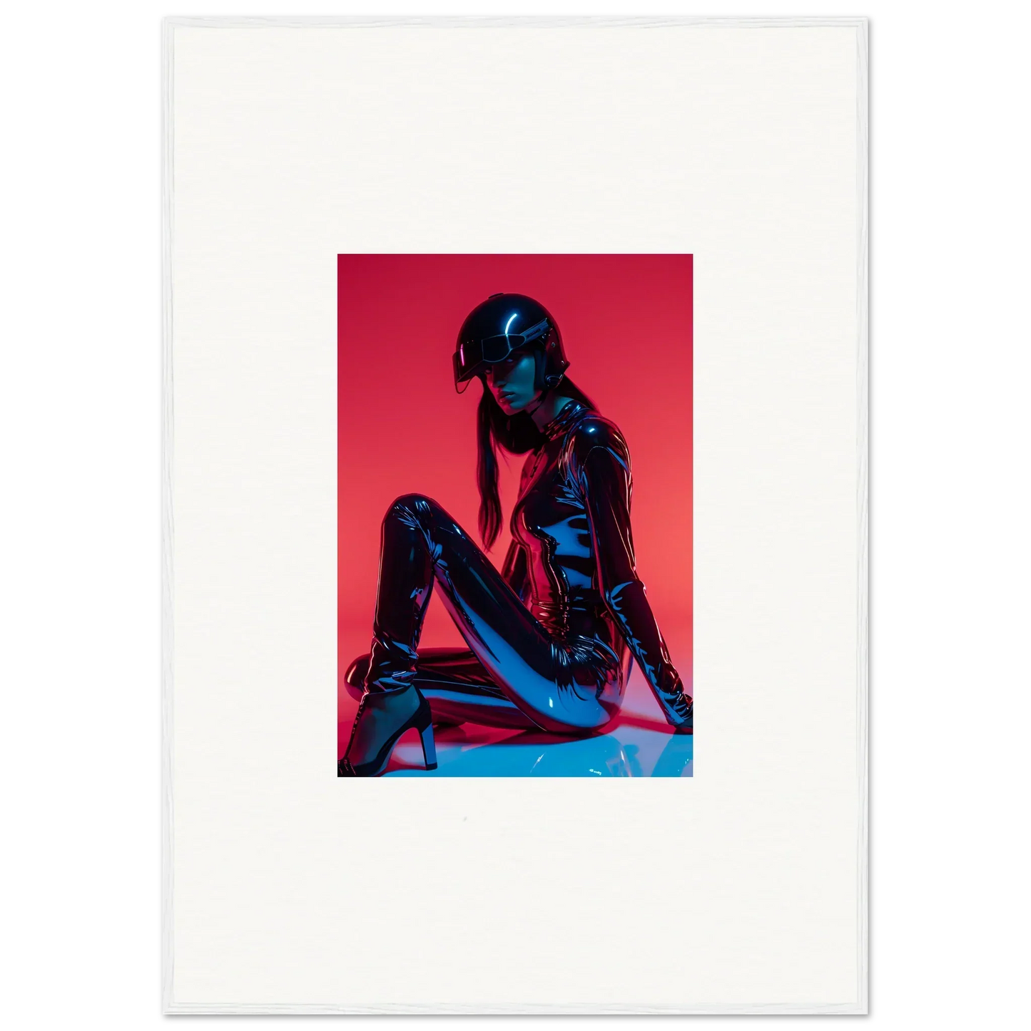 Stylized silhouette figure with blue sheen on red, perfect for Noir Mirage room decor