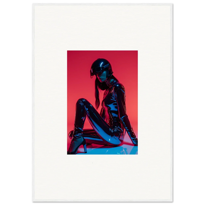 Stylized silhouette figure with blue sheen on red, perfect for Noir Mirage room decor