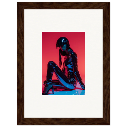 Framed wall art of a seated figure in Noir Mirage style with a blue sheen on red background