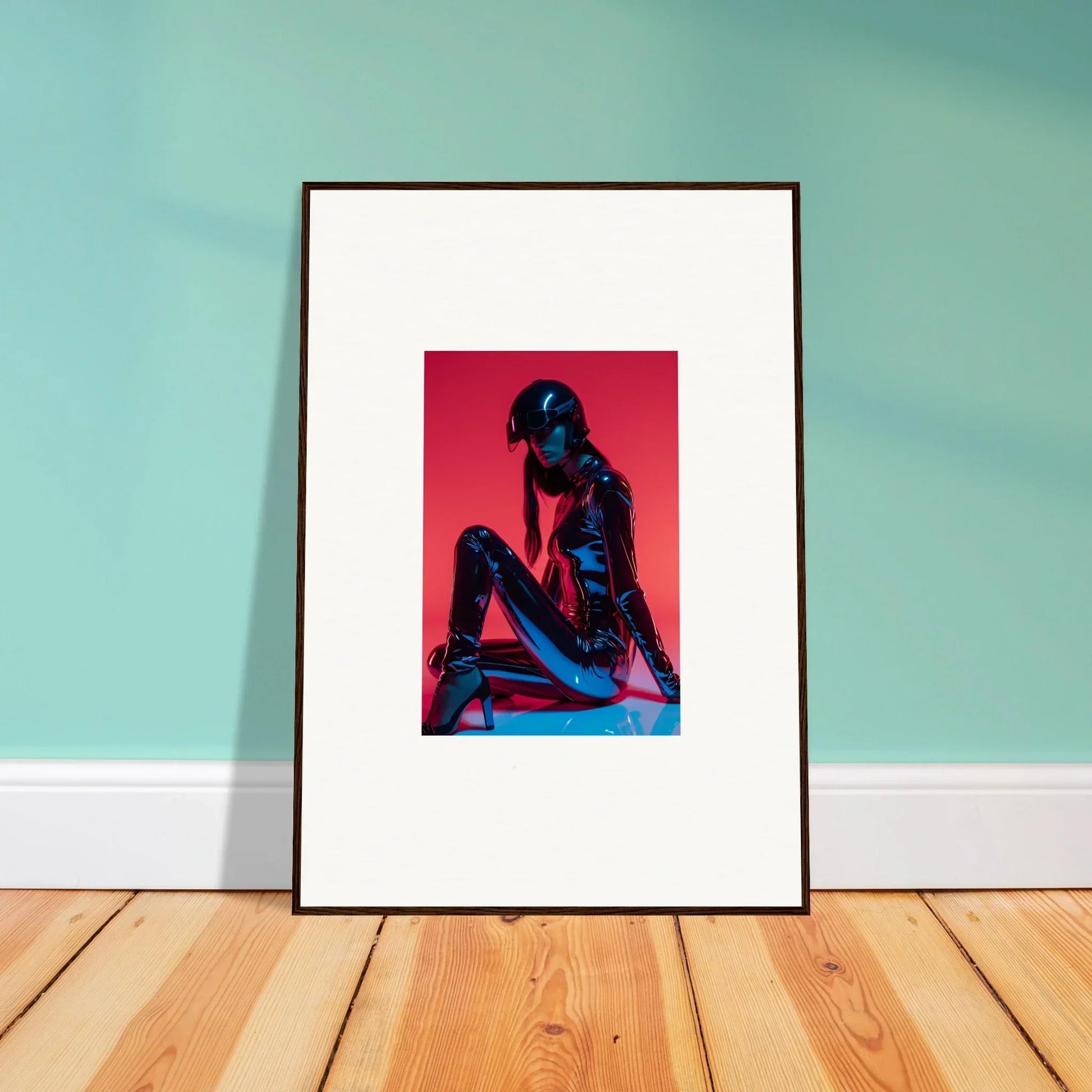 Framed wall art of a silhouetted figure in red, perfect for Noir Mirage room decor